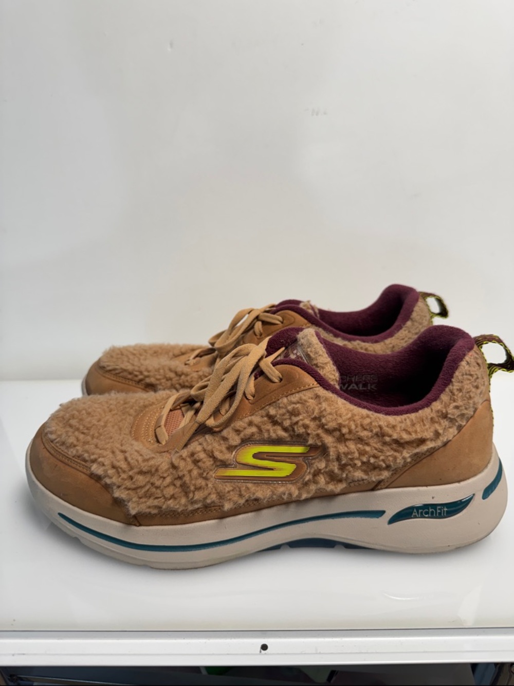Skechers GO WALK Women's Tan Sherpa Sneakers with Maroon Lining